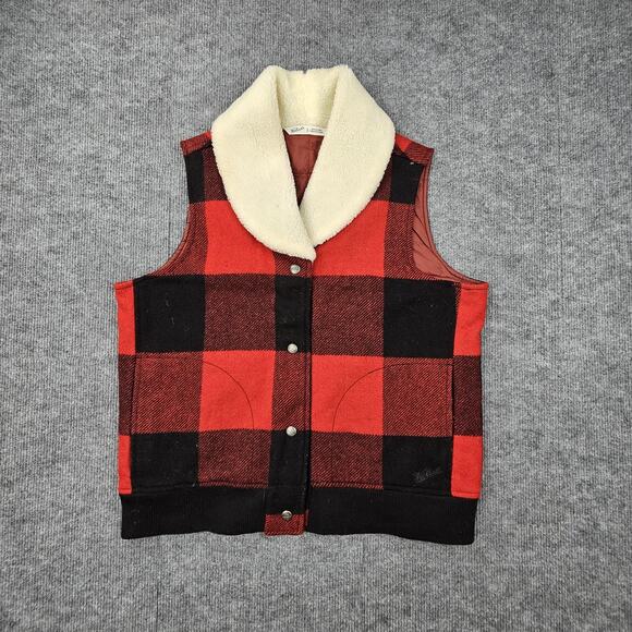 Vintage Woolrich Vest Womens Large Buffalo Plaid Sherpa Collar Wool Western - Picture 1 of 8